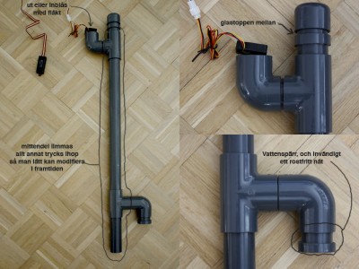 Mitten av systemet limmas och blir "fast". <br />Böjar och rör utöver det blir som moduler och idén är att de ska kunnas bytas ut om man inte är nöjd med resultatet. <br />Högst upp sitter en 40mm fläkt som kommer sitta på baksidan av trädet så inte dysorn sprutar vatten rakt på den.