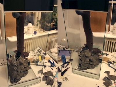 Så här kommer det se ut.<br />En väldigt brant klippsida på baksidan och en mer sluttande på ena framsidan. Sedan blir det en växt och mossbeklädd sida och sedan ska det till små öar av sten som kommer ha Epiweb till toppar.