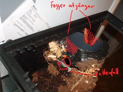 Vattenfallet är under utloppen för dimman som kommer från foggern. Eventuellt kan man koppla en luftsladd till cirkulationspumpen om man vill kunna öka luftfuktigheten när inte foggern är igång.